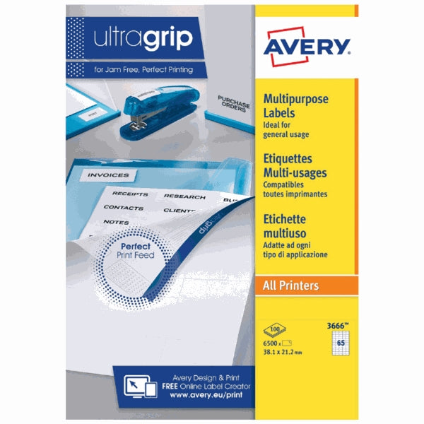 Étiquettes multi-usages Avery JamFREE 65 par feuille (lot/100)
