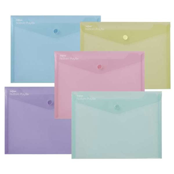 Pochettes à bouton-pression Snopake Reborn A5 (lot/5) - couleurs assorties