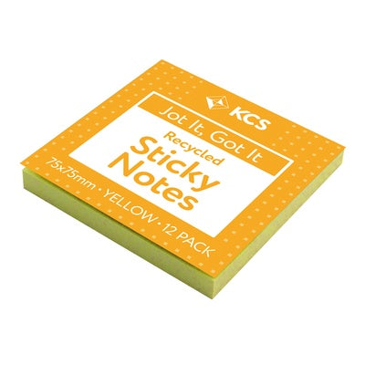 Blocs de notes repositionnables KCS recyclés jaunes (lot/12) - 75 x 75 mm
