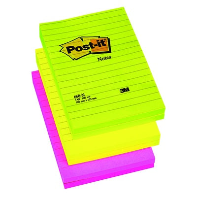 Blocs de notes repositionnables Post-it 101 x 152 mm, coloris néon (lot/6)