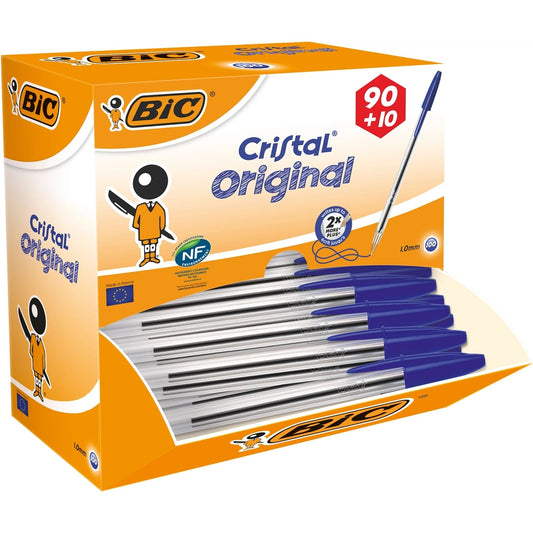 Stylos bille BIC Cristal Original bleus, boîte de 90 + 10 gratuits