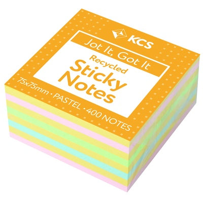 Bloc de 400 notes repositionnables KCS pastel 100 % recyclées 75 x 75 mm