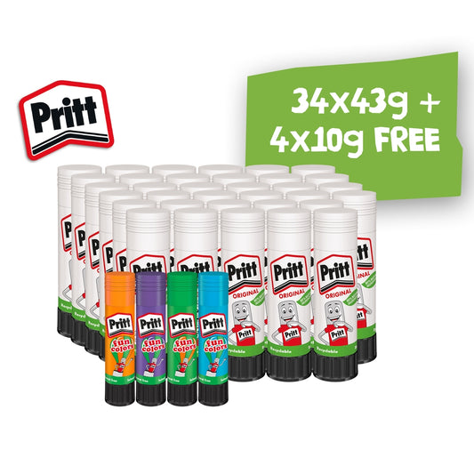 Bâtons de colle Pritt originaux, lot de 34 x 43 g + 4 x 10 g GRATUITS