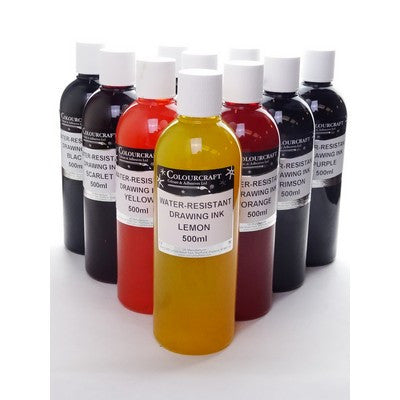 Encres à dessin résistantes à l'eau 500 ml assortiment de 10