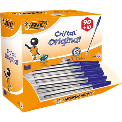 Stylos bille BIC Cristal Original bleus, boîte de 90 + 10 gratuits