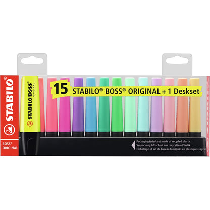 Surligneurs STABILO BOSS ORIGINAL (lot/15) - couleurs néon et pastel