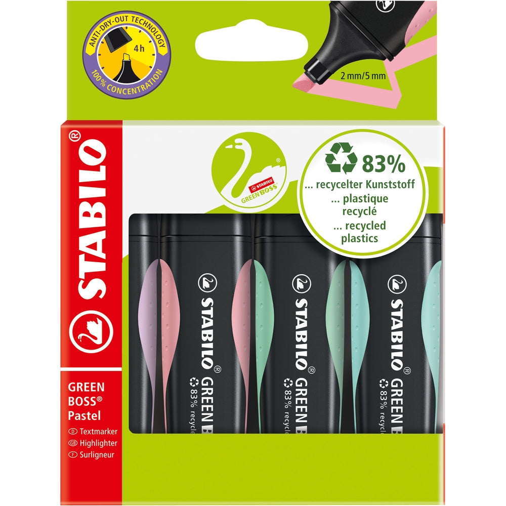 Surligneurs STABILO GREEN BOSS (lot/4) - couleurs pastel assorties