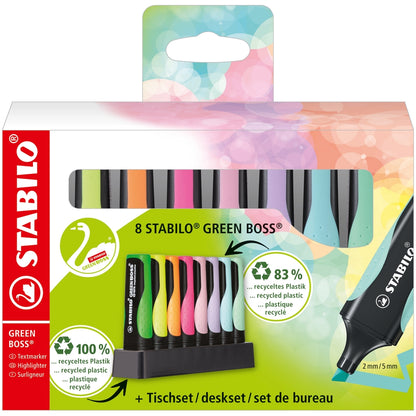 Surligneurs STABILO GREEN BOSS (lot/8) - coloris assortis pastel et fluo