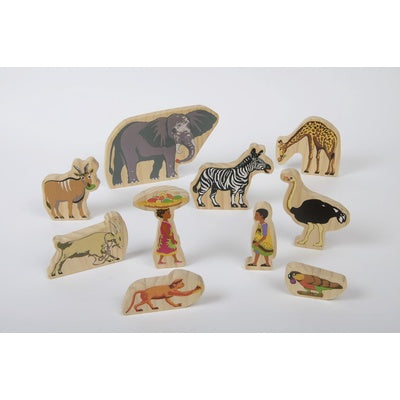 Personnages en bois de l'histoire « La surprise de Handa » (lot/10)