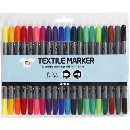 Marqueurs textiles à double pointe, couleurs assorties (lot/20)