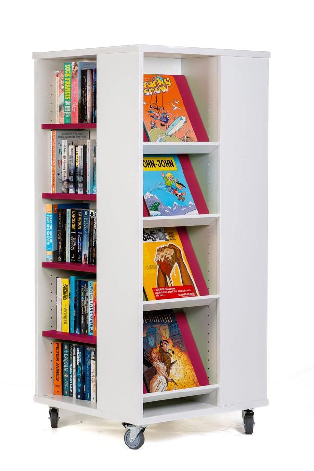 Tour à livres mobile tablettes mixtes 1400 mm (H) - blanc kaolin/fuchsia pink
