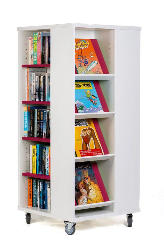 Tour à livres mobile tablettes mixtes 1400 mm (H) - blanc kaolin/fuchsia pink