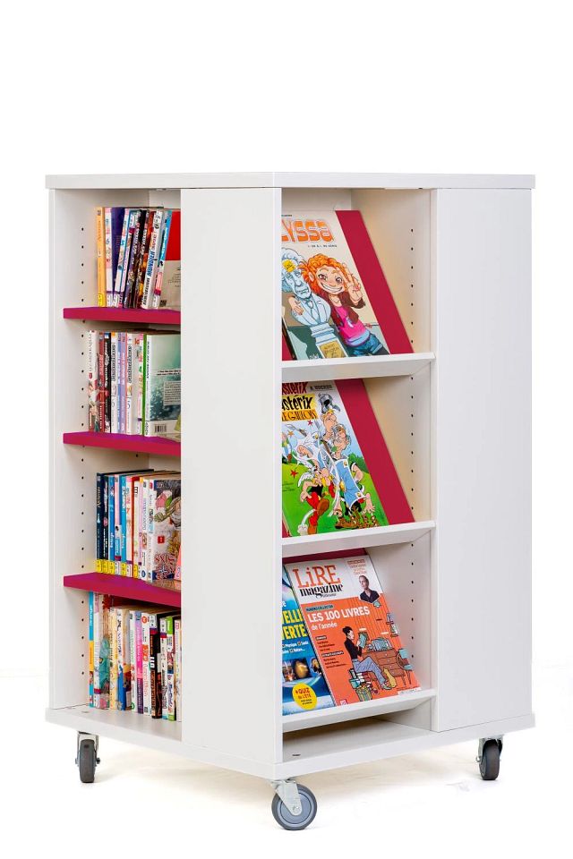 Tour à livres mobile tablettes mixtes H1000mm - blanc kaolin/fuchsia pink