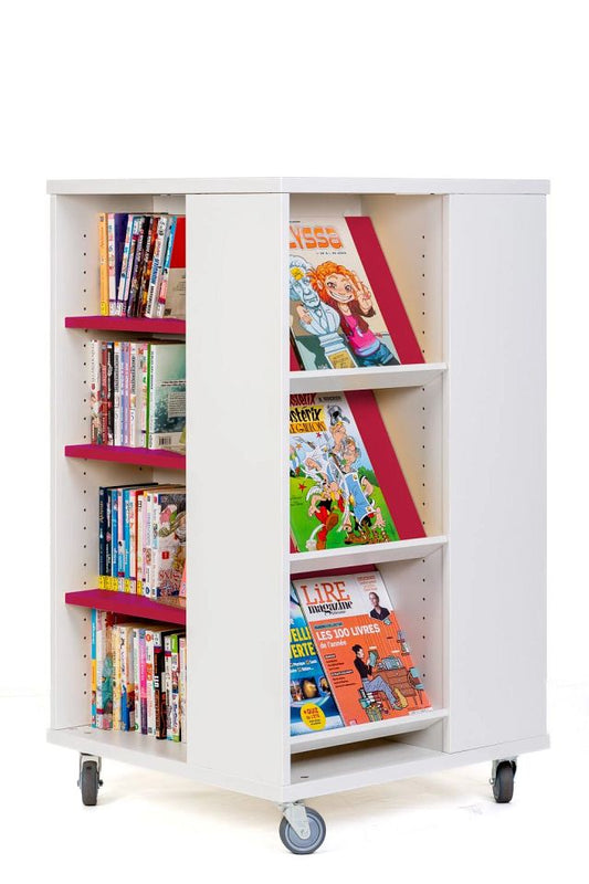 Tour à livres mobile tablettes mixtes H1000mm - blanc kaolin/fuchsia pink