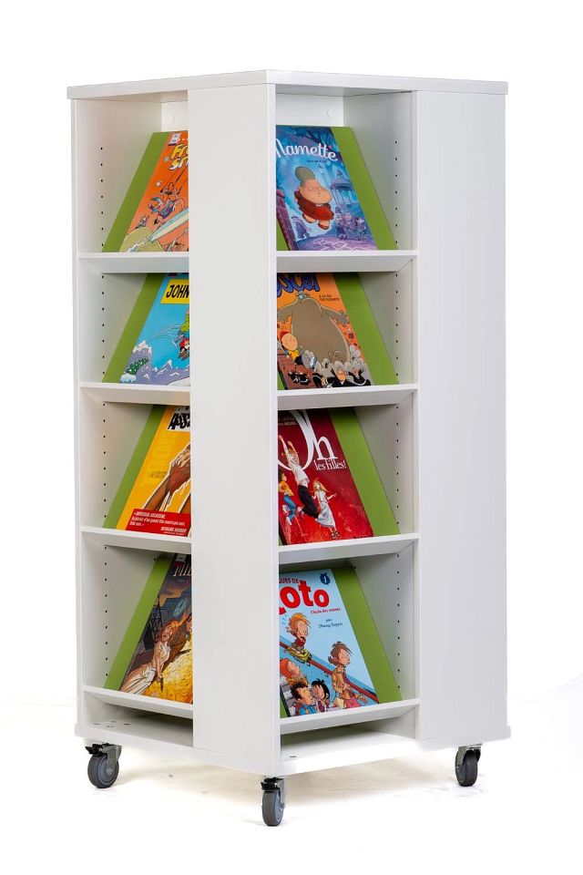 Tour à livres mobile tablettes mixtes H1000mm - blanc kaolin/vert kiwi