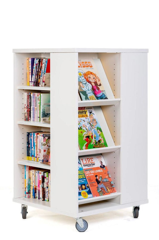 Tour à livres mobile tablettes mixtes H1000mm - blanc kaolin/blanc kaolin