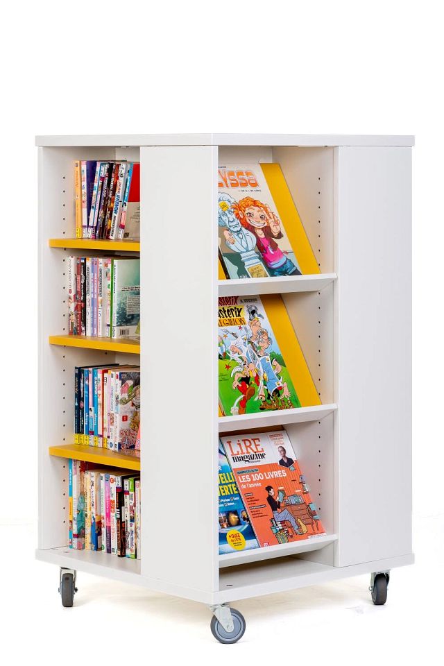 Tour à livres mobile tablettes mixtes H1000mm - blanc kaolin/jaune curry